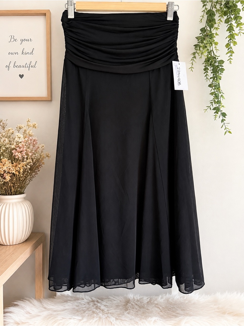 Solid Black Ruched Waist Flowy Maxi Skirt – Sheer Overlay Elegant Dressy Skirt